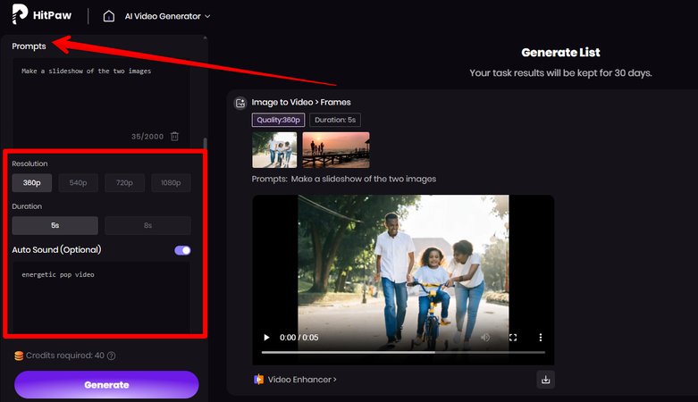 Adding a prompt and sound to make a video from photos