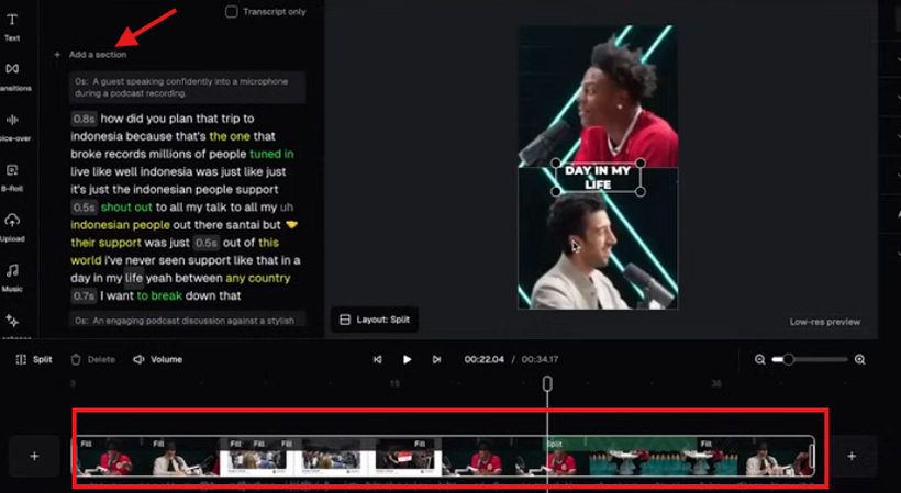 Adding a section to the clip in OpusClip