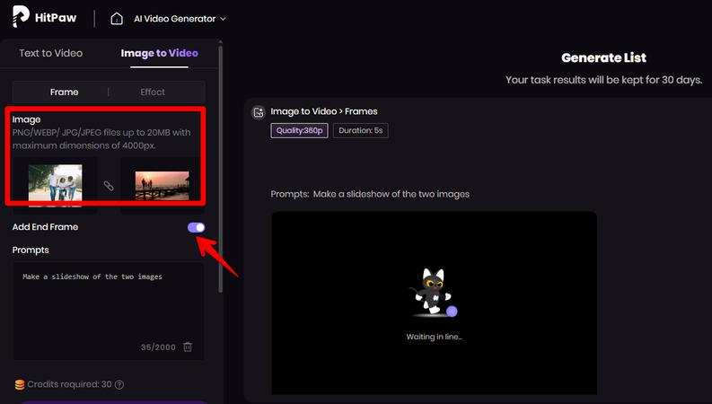Adding an end frame to images to create a video