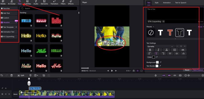Adding and editing text for the reverse Snapchat video in HitPaw Edimakor