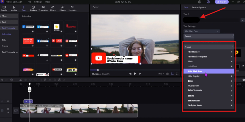 Adding and editing text in the text templates in HitPaw Edimakor