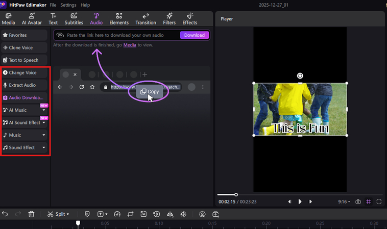 Adding music and sound effects to the reverse Snapchat video in HitPaw Edimakor