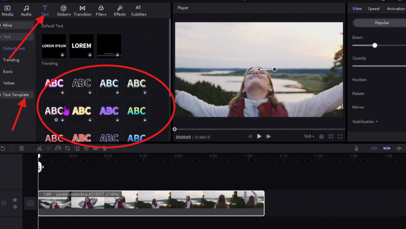 Adding text and animations in text templates to the TikTok video using HitPaw Edimakor