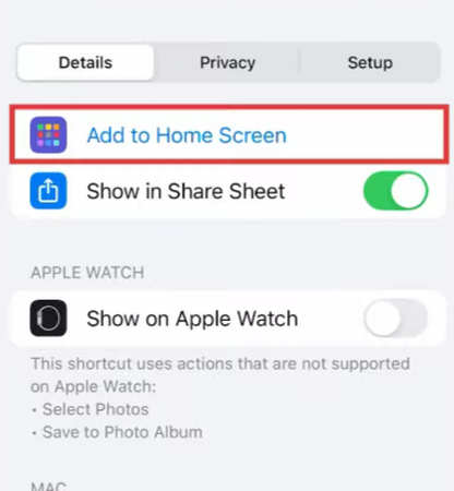 Adding the Combine Photo shortcut to the home screen on iPhone