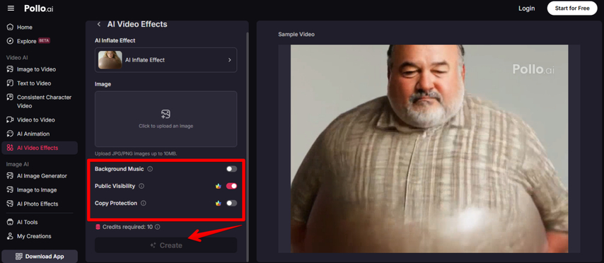 Additional settings for Pollo.ai AI Inflate Effect video