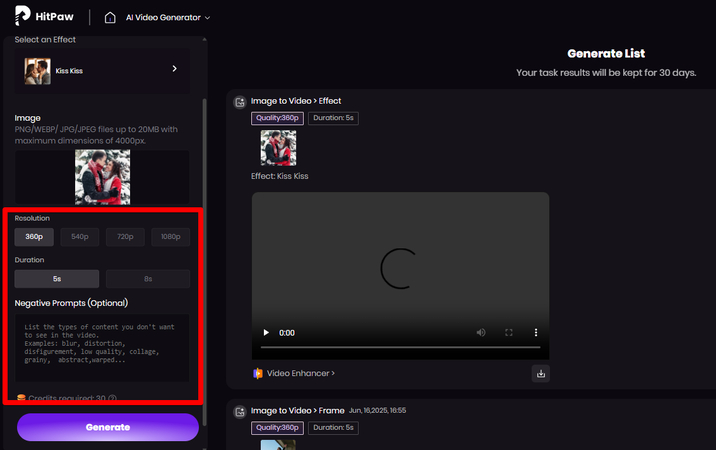 Adjusting kiss video settings in HitPaw AI Video Generator