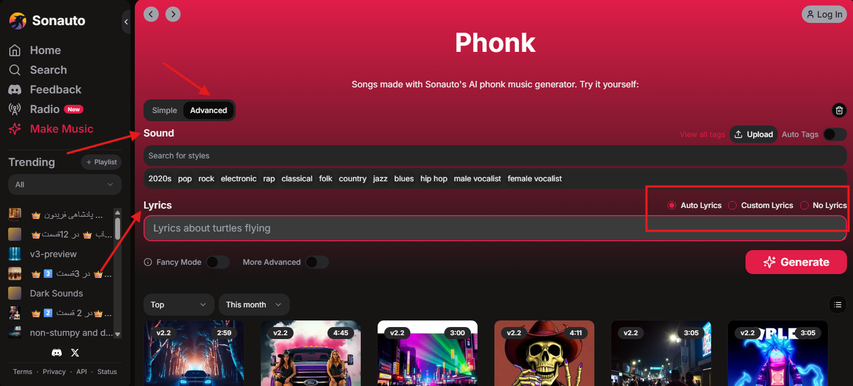Advanced options to make phonk music in Sonauto AI