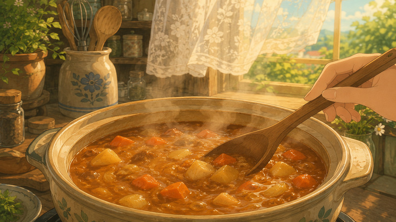 aesthetic anime cooking prompt with a steaming vegetable stew