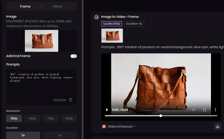 generate ai 360° rotation product video