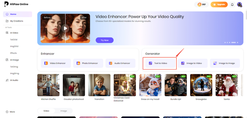 open hitpaw platform and select text to video