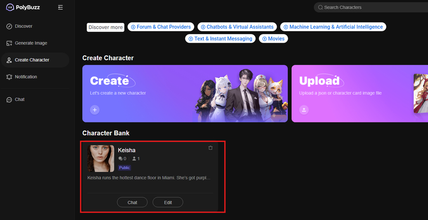 AI character showing under Character Bank in Pollybuzz AI