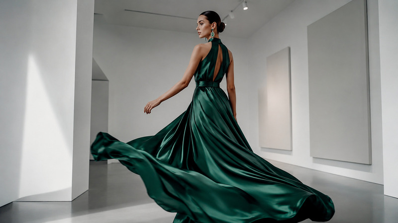 ai fashion ads prompt with a model wearing an emerald gown