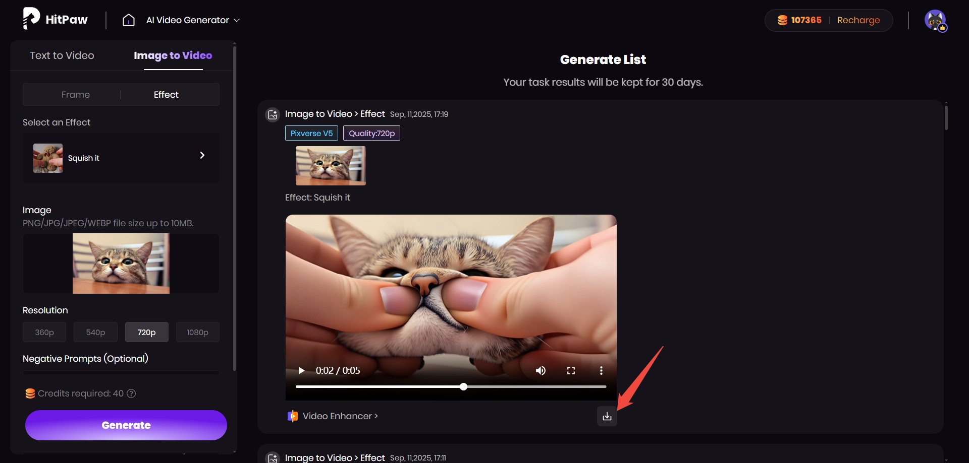 Generating and downloading a video with squish AI effect