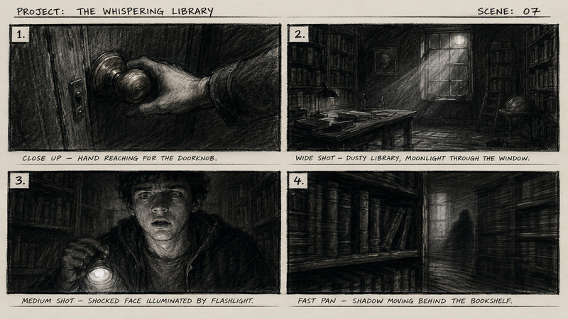ai storyboard prompt showing a four panel mystery thriller storyboard