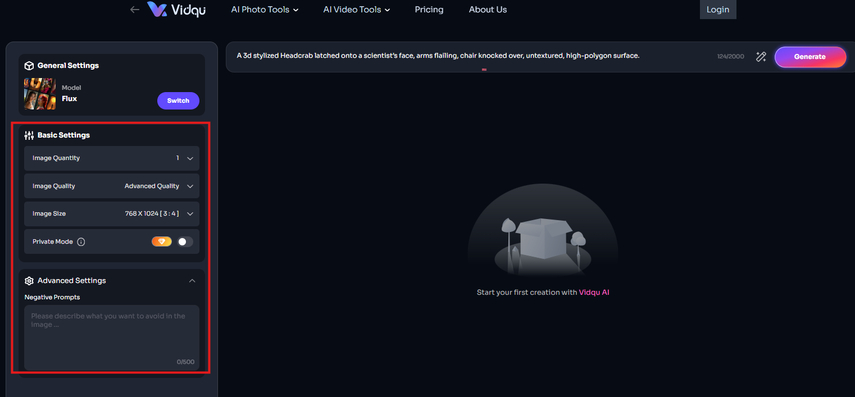 Applying basic and advanced settings to create images in Vidqu AI