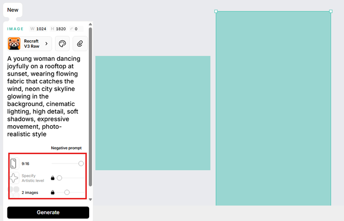 Aspect ratio and Artistic level sliders in Recraft AI