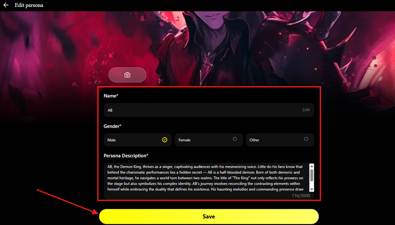 Assigning a name, gender, and description to a persona