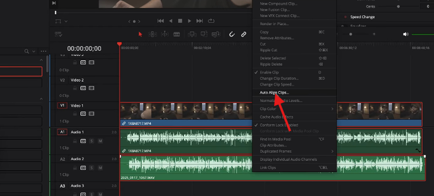 Auto Align Clips option in DaVinci Resolve