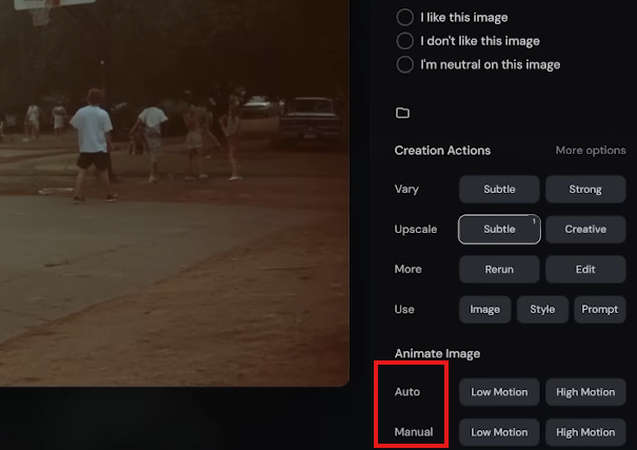 Auto and Manual animation features in the Midjourney AI video generator