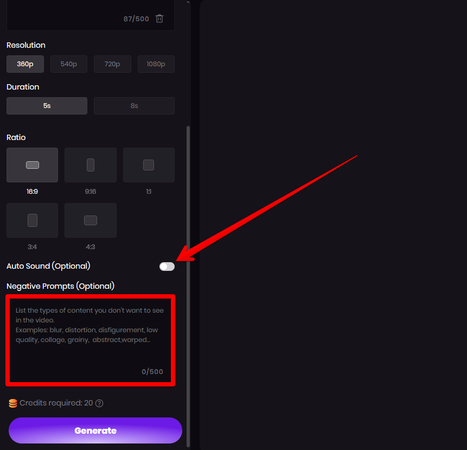 Auto sound and negative prompts option in HitPaw AI Video Generator