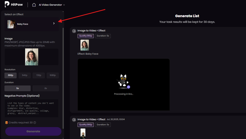 Baby Face AI effect loading up on the HitPaw AI Video Generator