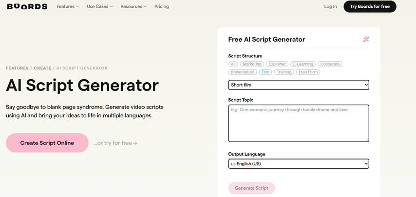 Boords AI movie script generator