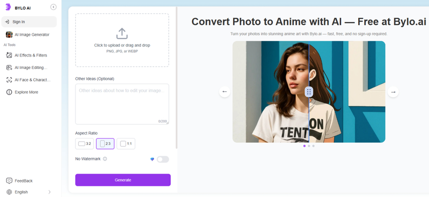 Bylo AI photo to anime converter