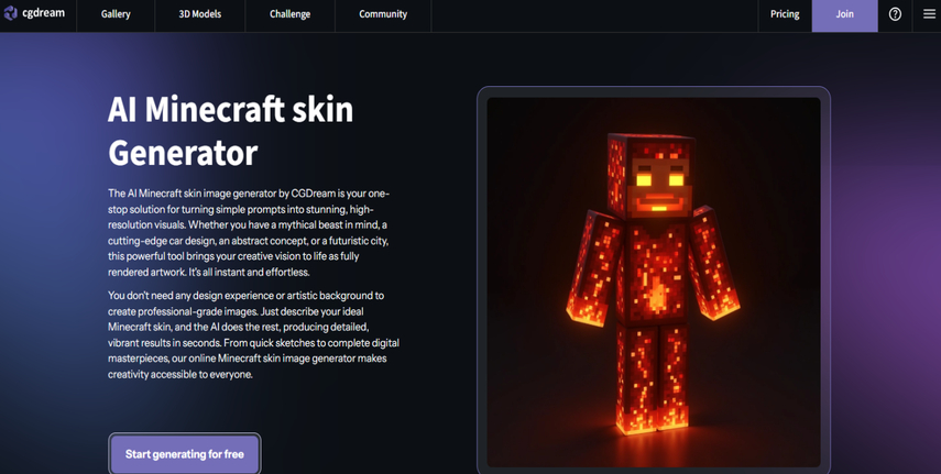 CGDream AI Minecraft skin generator