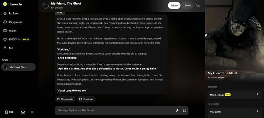 Chatting with an AI character in Emochi
