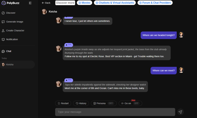 Chatting with an AI character in Pollybuzz AI