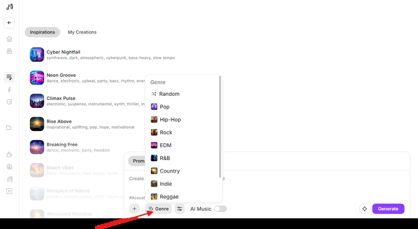 Choosing a genre for phonk music in Imagine Art