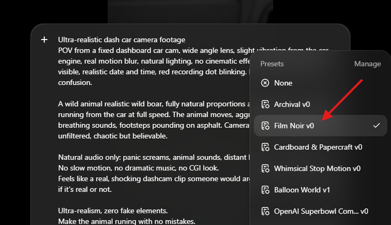 Choosing a preset in the Sora AI video generator