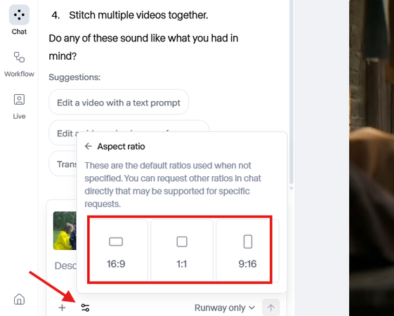 Choosing an aspect ratio in Runway AI chat