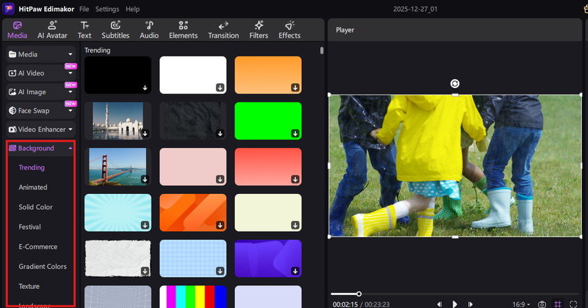 Choosing another background for the reversed Snapchat video in HitPaw Edimakor