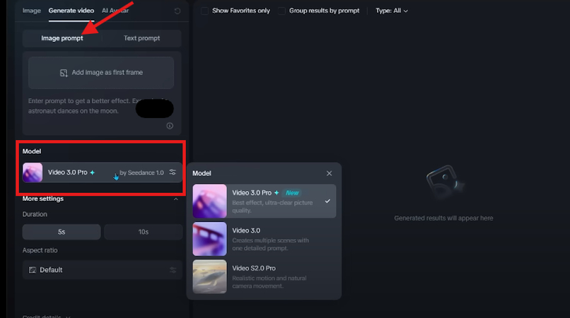 Choosing Image Prompt and video model in Dreamina AI