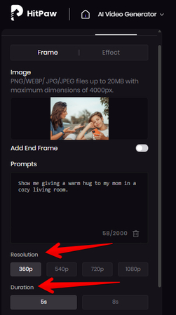 Choosing resolution and duration for the mom and son hugging video