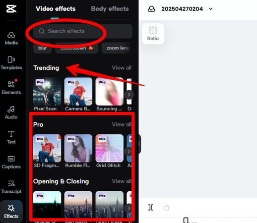 Choosing the CapCut AI effect