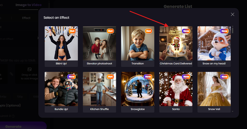 Choosing the Christmas Card Deliver AI effect in HitPaw AI Video Generator