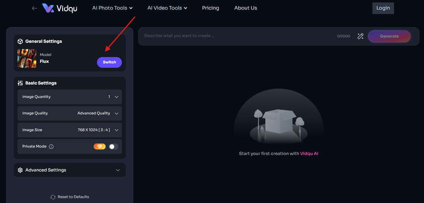 Choosing the generation model in Vidqu AI Image Generator