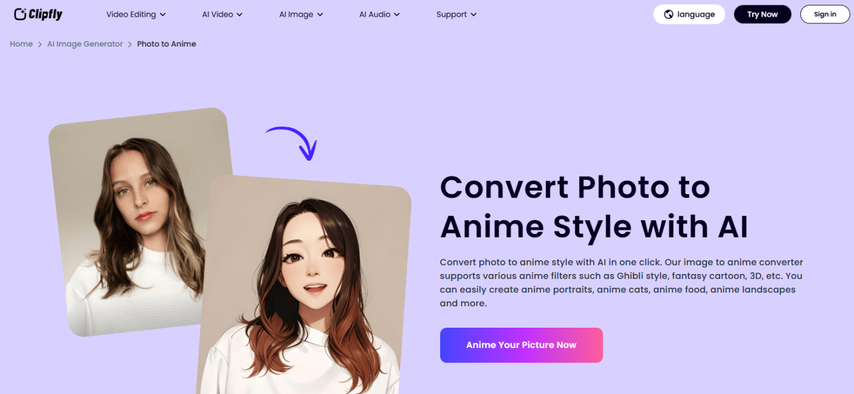 Clipfly AI photo to anime converter