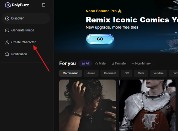 Create Character option in Pollybuzz AI