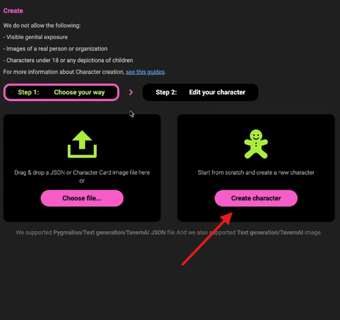 Create character option in the CrushOn app