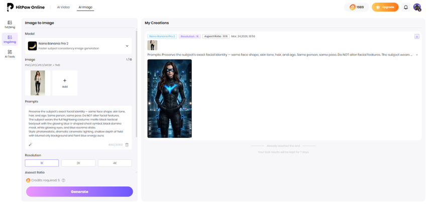 creating nightwing style image using ai tool
