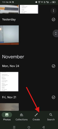 Create option in the Photos app on Android