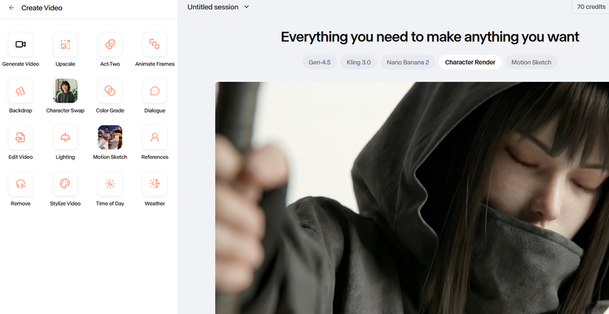 Creative tools in the Runway ML AI video generator