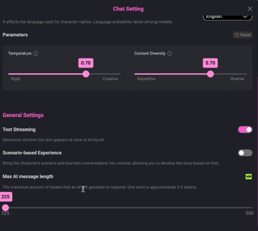 CrushOn AI chat settings