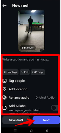 Customizing hashtags, a caption, and other settings for Instagram Reel video