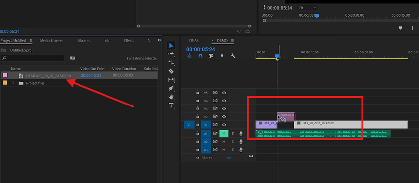 Cutting the clip and placing the exported freeze frame in Premiere Pro