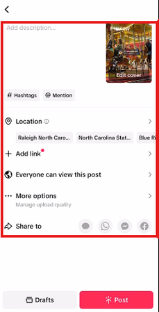 Describing a caption, adding hashtags, and adjusting privacy settings for the TikTok video