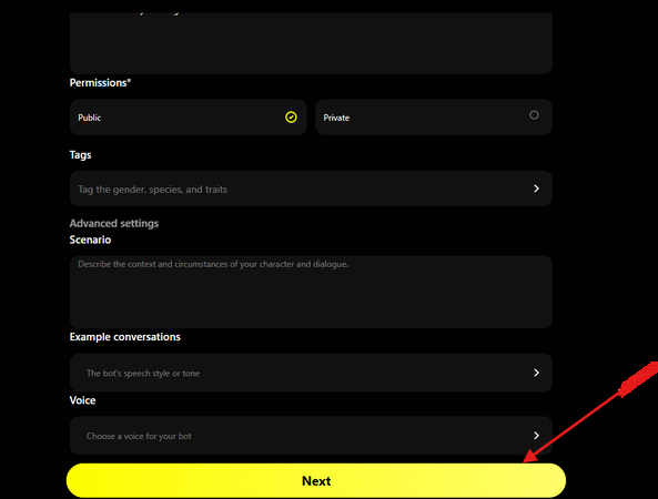 Describing scenario, example, and voice for the new AI character
